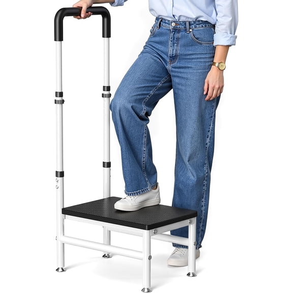 Step Stool with Handle for Adults and Seniors, Heavy Duty One Step Wooden Platform Stool with Adjustable Handrail, Wide Non Slip Footstool for Bedside, Bathroom and Home