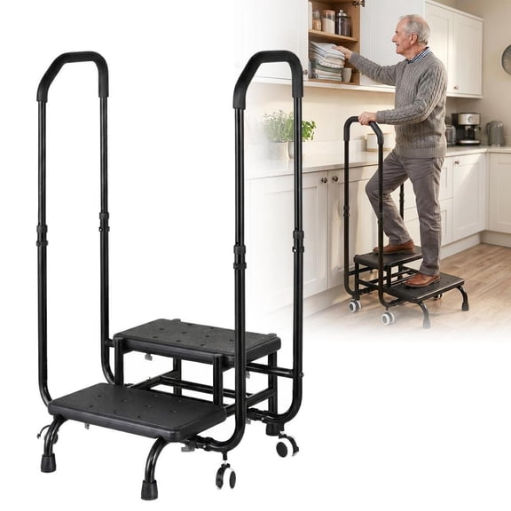 Step Stool with Handle, Non Slip Platforms and Adjustable Handrail, Two Step Stool for Ederly, Adults and Handicap, Heavy Duty Foot Stool for High beds, Kitchen, Bathtub