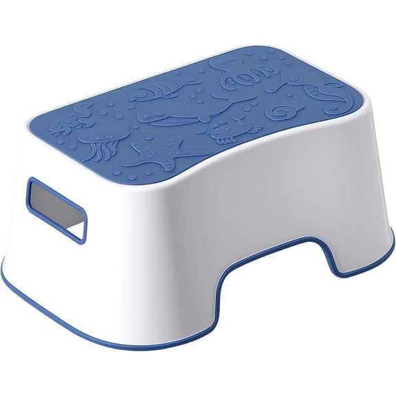 Step Stool for Kids, Cute Sea Animals Design and Anti-Slip Kids Step Stool with Recessed Handles, Portable Footstool for Kitchen, Bathroom Sink and Toilet Potty Training (Blue)