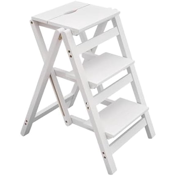 Step Stool for Adults Step Ladder Counter Chair, 3-Step Folding Portable Wooden Step Stool for Library Home Kitchen, 220 lbs White$$Furniture