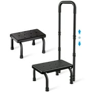 Step Stool with Adjustable Handle, Non-Slip Heavy Duty Step Stool for Elderly Holds 350 lbs, for Kitchen, Bathroom, Bedroom, Black, Steel