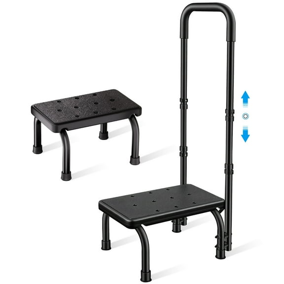 Step Stool with Adjustable Handle, Non-Slip Heavy Duty Step Stool for Elderly Holds 350 lbs, for Kitchen, Bathroom, Bedroom, Black, Steel