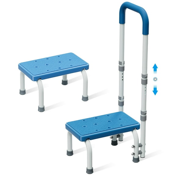 Step Stool with Adjustable Handle, Non-Slip Heavy Duty Step Stool for Elderly Holds 350 lbs, for Kitchen, Bathroom, Bedroom, Blue, Steel