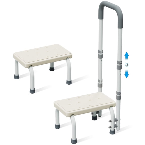 Step Stool with Adjustable Handle, Non-Slip Heavy Duty Step Stool for Elderly Holds 350 lbs, for Kitchen, Bathroom, Bedroom, White, Steel
