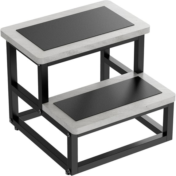 Step Stools, Heavy Duty Stepping Stool for Kids Adults, Non-Slip Metal and Wooden 2 Steps Foot Stool for High Beds and Kitchen, Round Corner, 500 Lbs Capacity, Cement Gray
