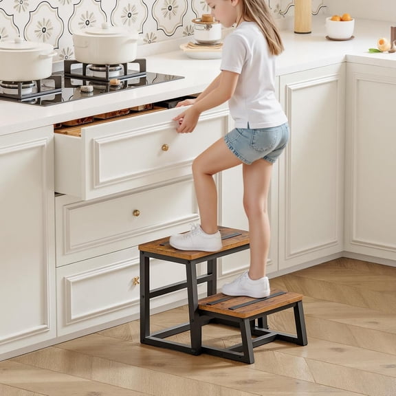 Step Stools for Kids, 3-in-1 Heavy Duty Sturdy Wooden Two Step stools, Metal Frame with Non-Slip Pads for Kitchen/Bathroom/High Beds, Rustic Brown and Black BF26JD01