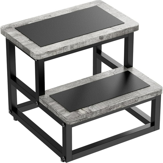 Step Stools for Kids Adults, Heavy Duty Stepping Stools Bed Steps for High Beds, Non-Slip Metal and Wooden 2 Steps Foot Stool for Bedside Kitchen, Round Corner, 500 Lbs Capacity, Gray Pattern