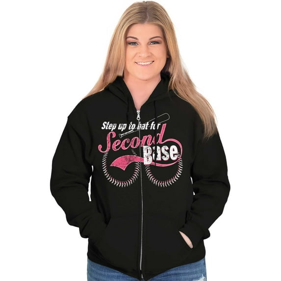 Step Up To Bat For Second Base Womens Plus Size Graphic Zipper Hoodie Brisco Brands 2X