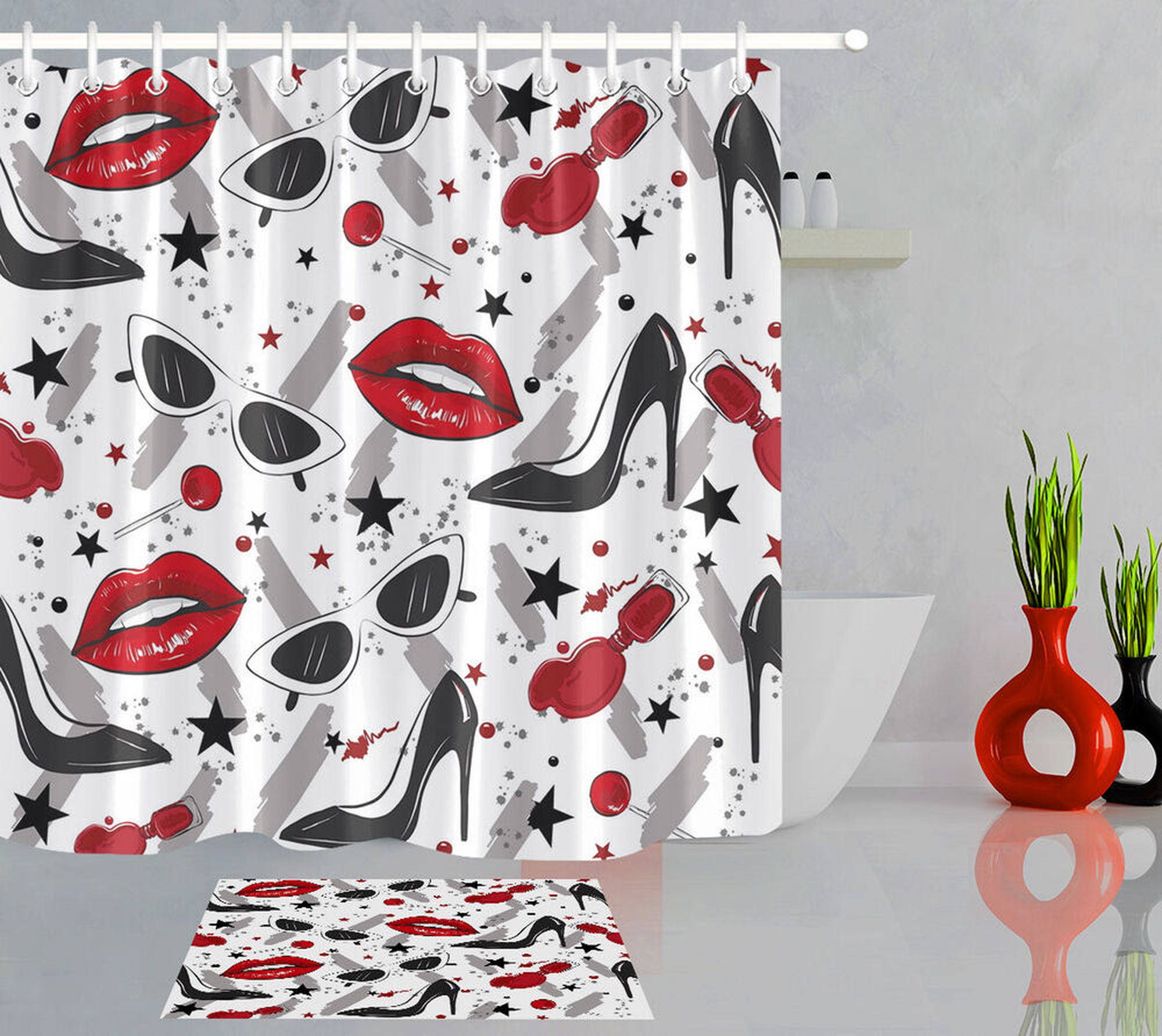 Step Up Your Bathroom Style with Red Lips & High Heels Shower Curtain