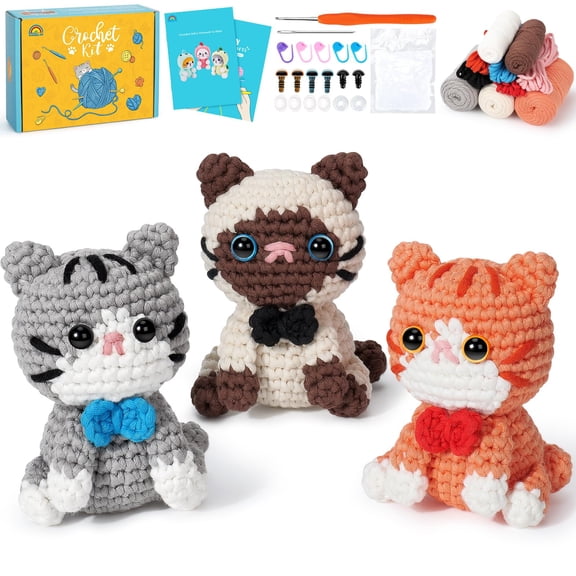 Step-by-Step Video Tutorials, Beginner Crochet Kit for Adults, Crochet Animal Kit for Starters, Dinosaur Cat Crochet Set