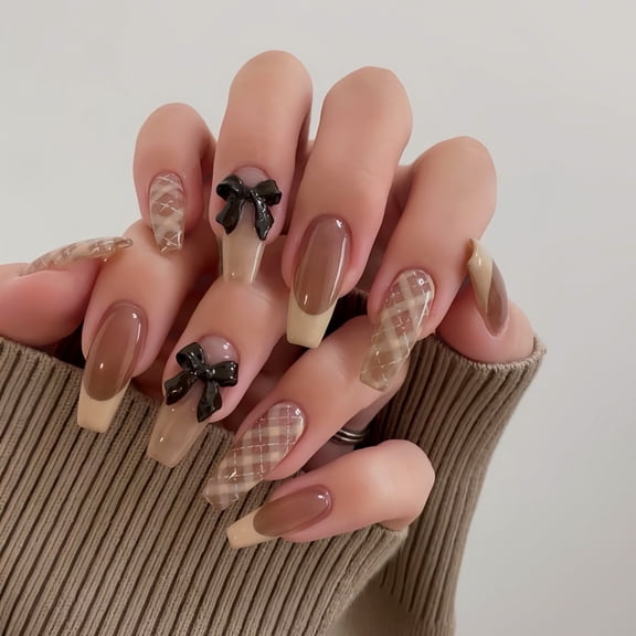 Step into the hot sale ballet fake nails pure desire black bow striped wearing armor detachable finished product wholesale