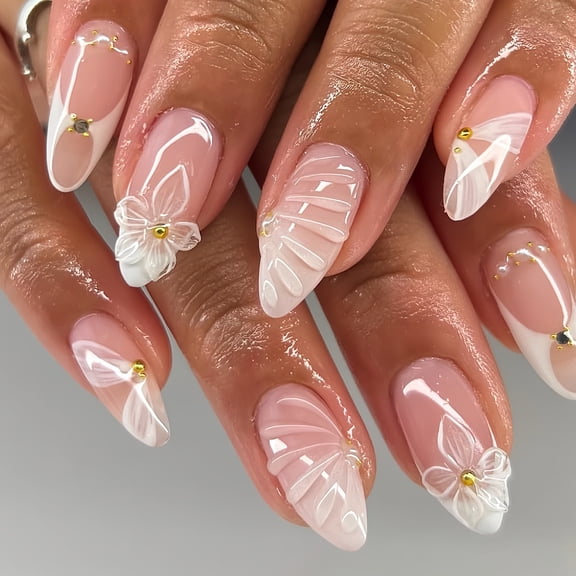Step into the hot sale of almond-shaped fake nails, simple and fashionable, white three-dimensional water ripples, cute flowers wearing nail pads