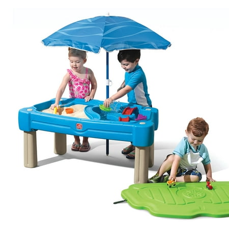 Step2 Cascading Cove Blue Plastic Sandbox and Water Table for Toddlers with Cover and Umbrella