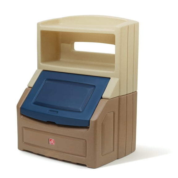 Step2 Lift & Hide Brown and Blue 38" Tall Plastic Toddler Bookcase and Kid Toy Box and Toy Storage