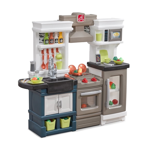 Step2 Modern Metro Blue Brown and White Kitchen includes 33 Piece Plastic Toddler Kitchen Playset