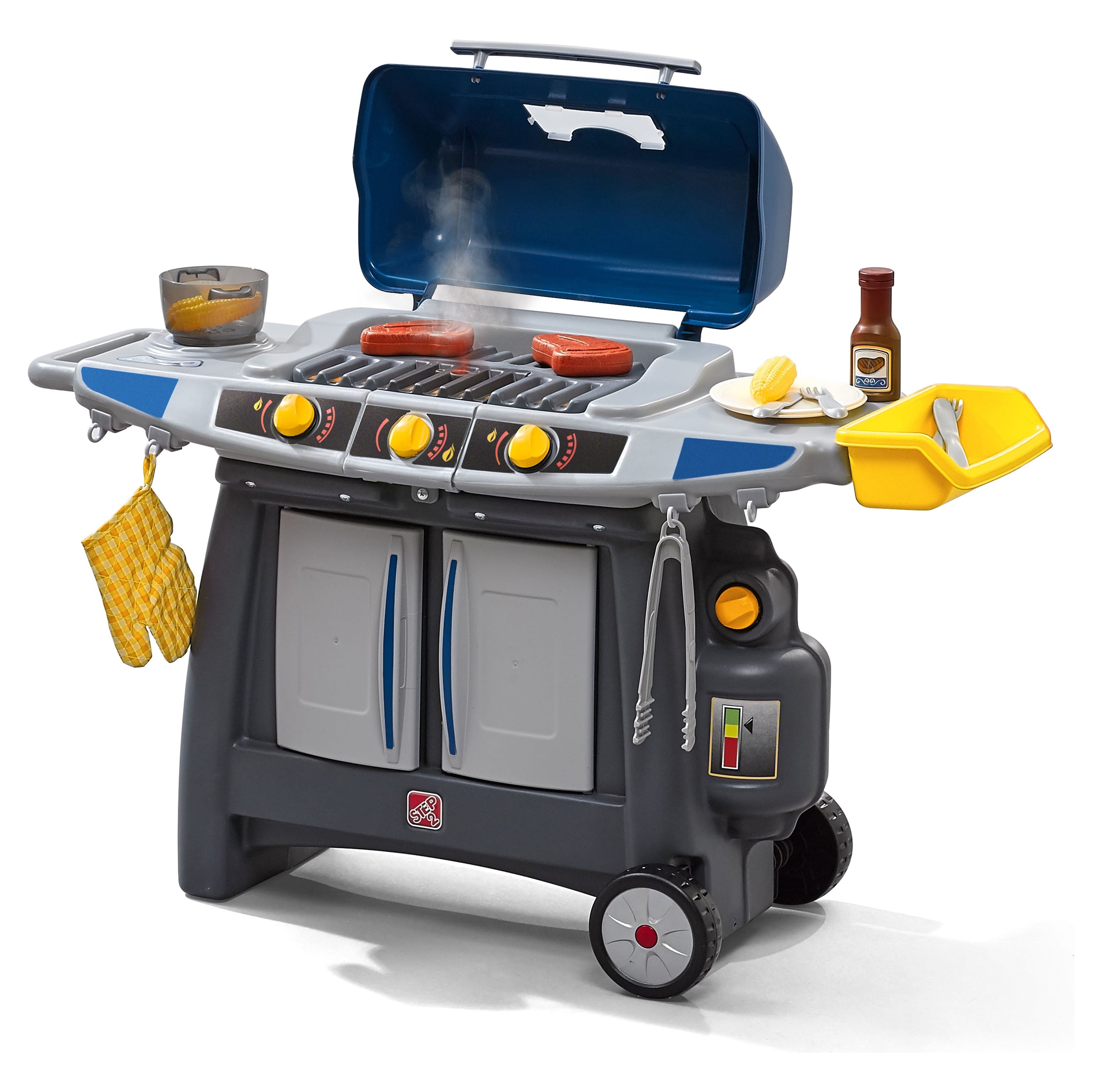 Step2 Sizzle & Smoke Barbecue Blue Toddler Grill Playset with 15 Piece Plastic Barbeque Play Set - image 1 of 19