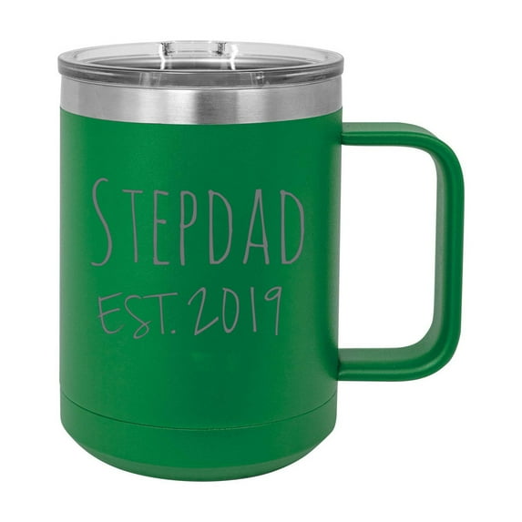 Stepdad Est. 2019 Established Stainless Steel Vacuum Insulated 15 Oz Engraved Double-Walled Travel Coffee Mug with Slider Lid