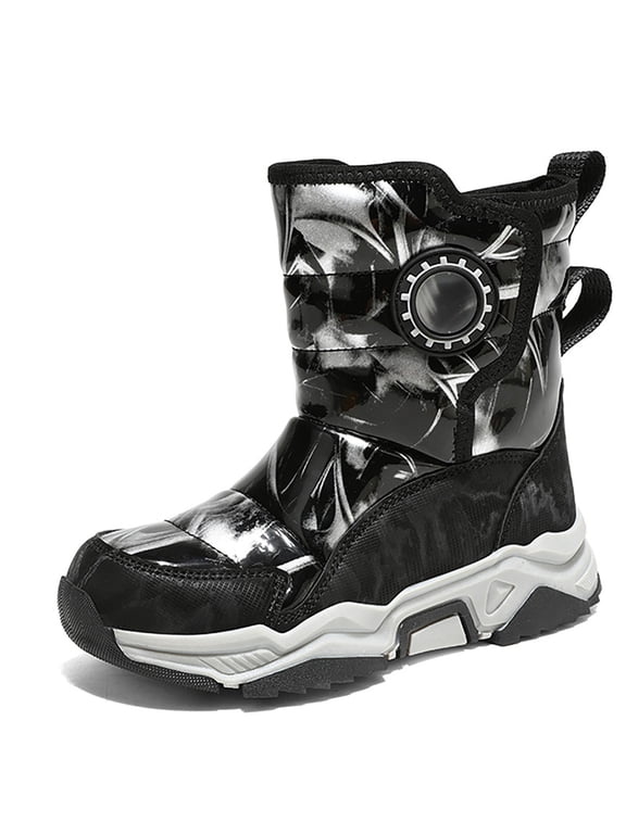 Boys Girls Snow Boots Outdoor Slip Resistant Insulated Waterproof Kids Winter Boots, Black Gray 4 Big Kid