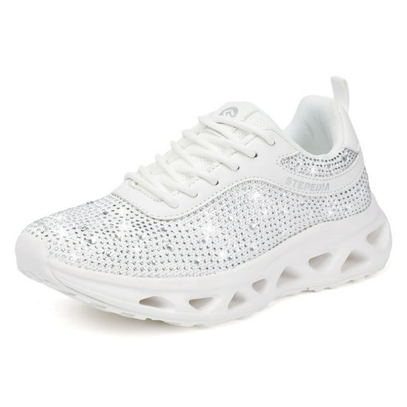 Stepedia Casual Sneakers for Women Rhinestone Tennis Shoes Breathable Air Cushione Walking Shoes, White