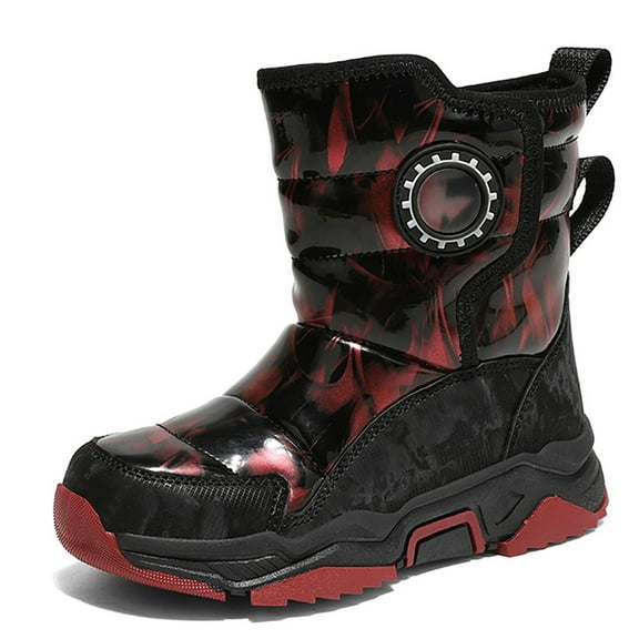 Stepedia Kids Boys Girls Faux Fur Lined Winter Waterproof Warm Snow Boots, Black Red 1 Big Kid