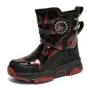 Stepedia Kids Boys Girls Faux Fur Lined Winter Waterproof Warm Snow Boots, Black Red 2.5 Big Kid