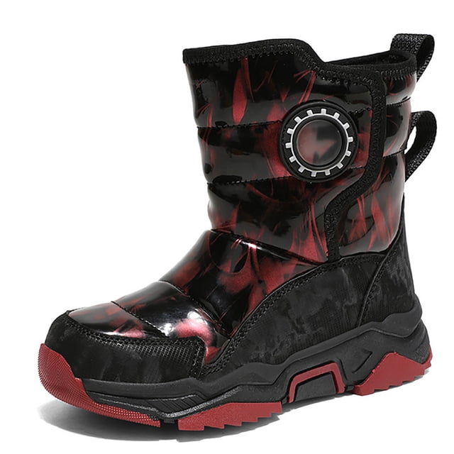 Stepedia Kids Boys Girls Faux Fur Lined Winter Waterproof Warm Snow Boots, Black Red 2.5 Big Kid