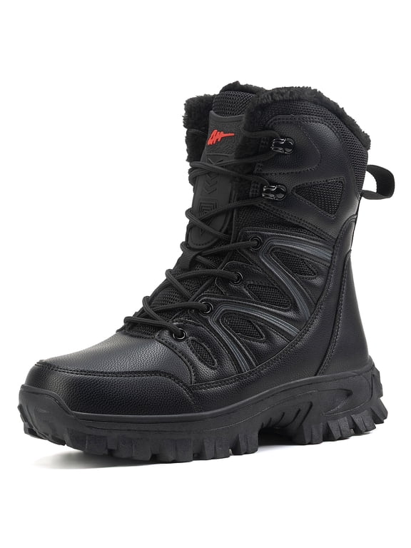 Men's Waterproof Snow Boots Warm Insulated Faux Fur Lined Mid Calf Outdoor Winter Boots, Black