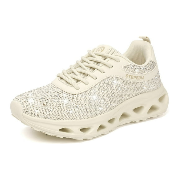 Stepedia Rhinestone Knit Glitter Sneaker Women Fashion Walking Shoes Air Cushion Tenni Shoes, Wheat