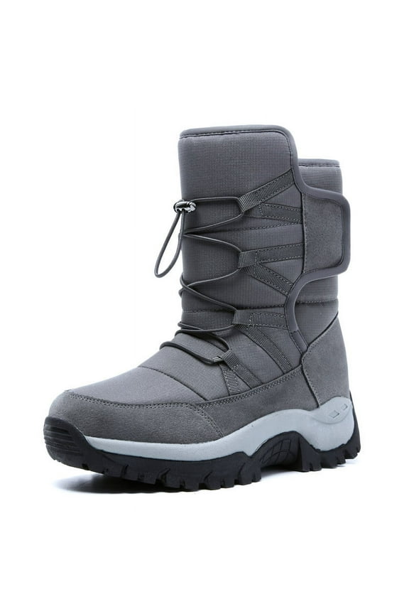 Snow Boots Men Outdoor Mid Calf Waterproof Winter Snow Boots with Faux Fur, Gray