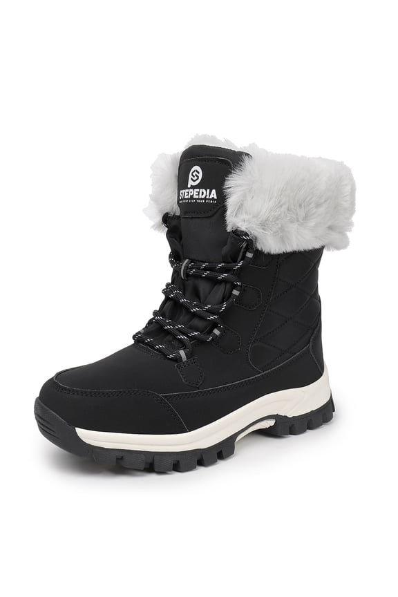 Snow Boots Womens Warm Faux Fur Insulated Non-Slip Outdoor Mid Calf Winter Boots, Black