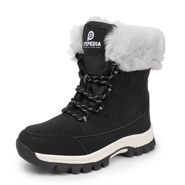 Stepedia Snow Boots Womens Warm Faux Fur Insulated Non-Slip Outdoor Mid Calf Winter Boots, Black