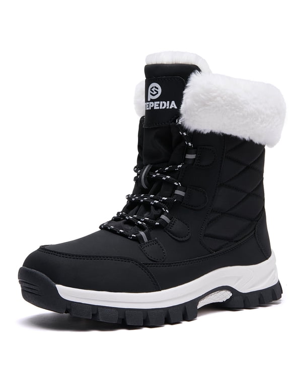 Snow Boots Womens Warm Faux Fur Insulated Non-Slip Outdoor Mid Calf Winter Boots, Black