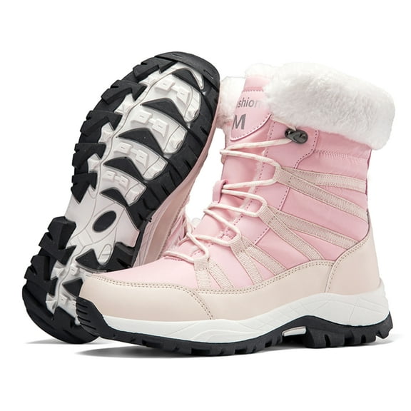 Stepedia Snow Boots for Women Waterproof Mid Calf Lace Up Warm Faux Fur Winter Boots for Outdoor, Pink