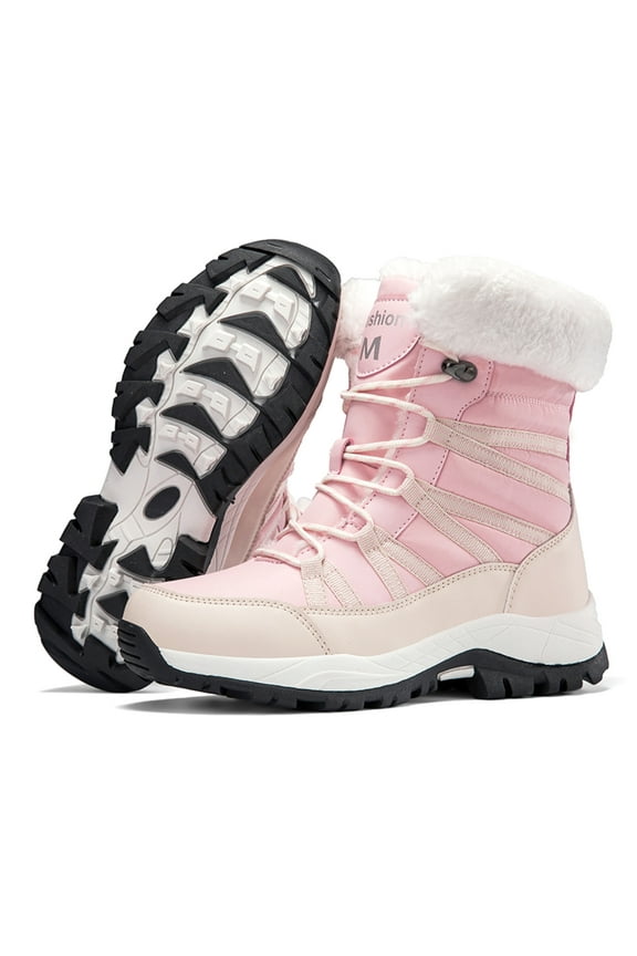 Snow Boots for Women Waterproof Mid Calf Lace Up Warm Faux Fur Winter Boots for Outdoor, Pink