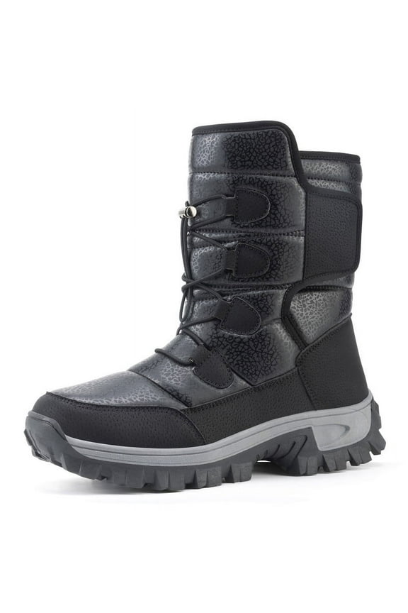 Winter Boots Waterproof Warm Shoes Walking Hiking Booties Faux Fur Mid Calf Boots for Men, Black