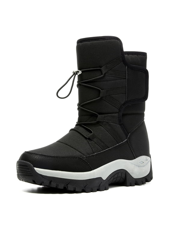Winter Snow Boots Warm Faux Fur Lined Mid Calf Waterproof Shoes for Men, Black