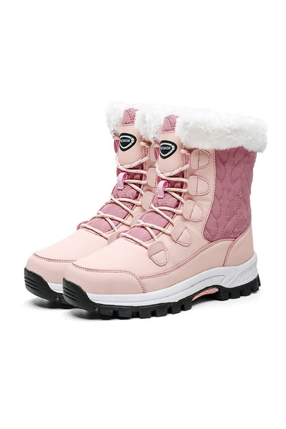 Winter Snow Boots Waterproof Shoes Walking Hiking Booties Faux Fur Mid Calf Boots for Women, Pink