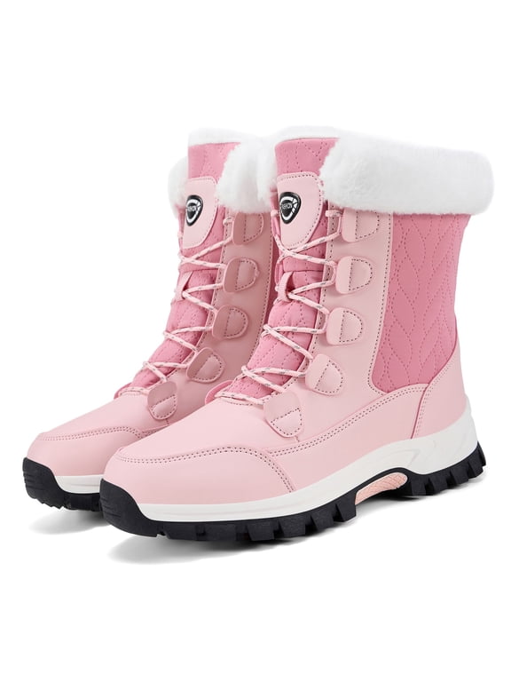 Womens Boots Winter Shoes Slip On Snow Booties Anti-Slip Water Resistant Fully Faux Fur Lined, Pink Size 9.5