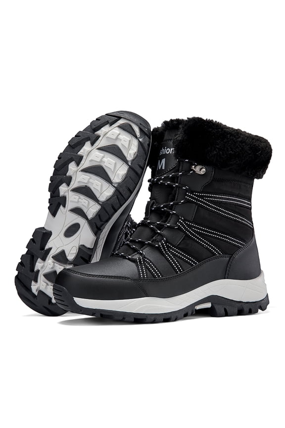 Winter Snow Boots Womens Warm Faux Fur Insulated Non-Slip Outdoor Mid Calf Boots, Black