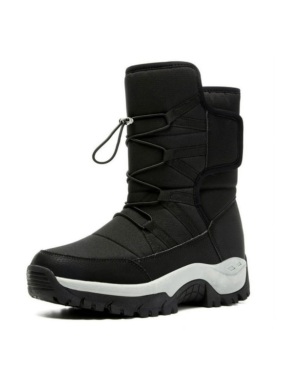 Women's Men's Warm Faux Fur Lined Mid Calf Winter Boots Waterproof Snow Boots, Black