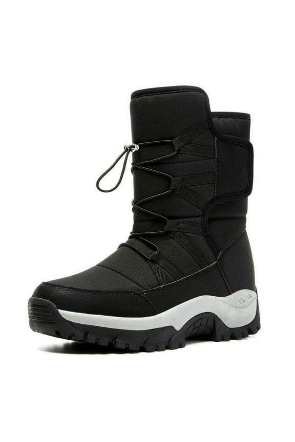 Women's Men's Warm Faux Fur Lined Mid Calf Winter Boots Waterproof Snow Boots, Black