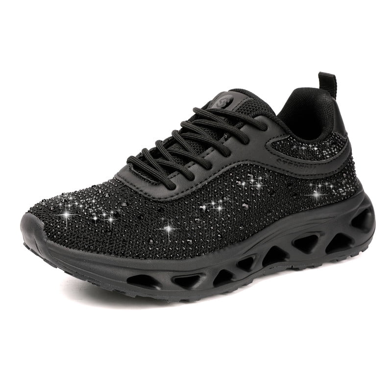 Women's Rhinestone Mesh Walking Shoes Breathable Tennis Shoes Spakle Glitter Sneaker, Black