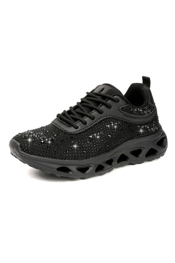 Women's Rhinestone Mesh Walking Shoes Breathable Tennis Shoes Spakle Glitter Sneaker, Black