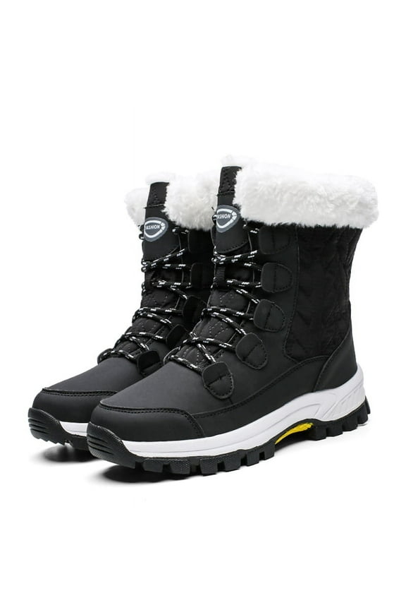 Women's Warm Faux Fur Lined Mid Calf Winter Snow Boots Waterproof Hiking Boots, Black