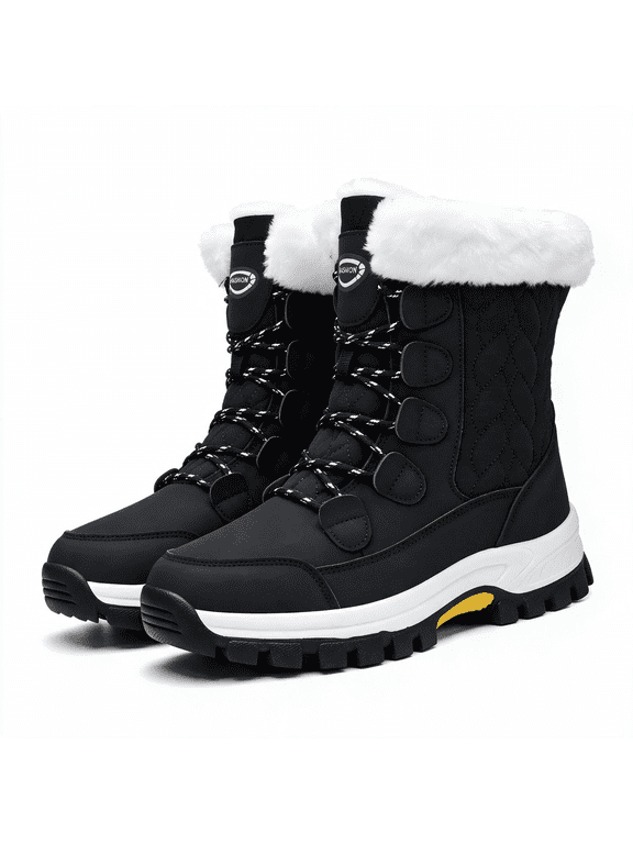 Womens Winter Boots Outdoor Warm Faux Fur Lined Mid Calf Booties Waterproof Walking Shoes, Black Size 10