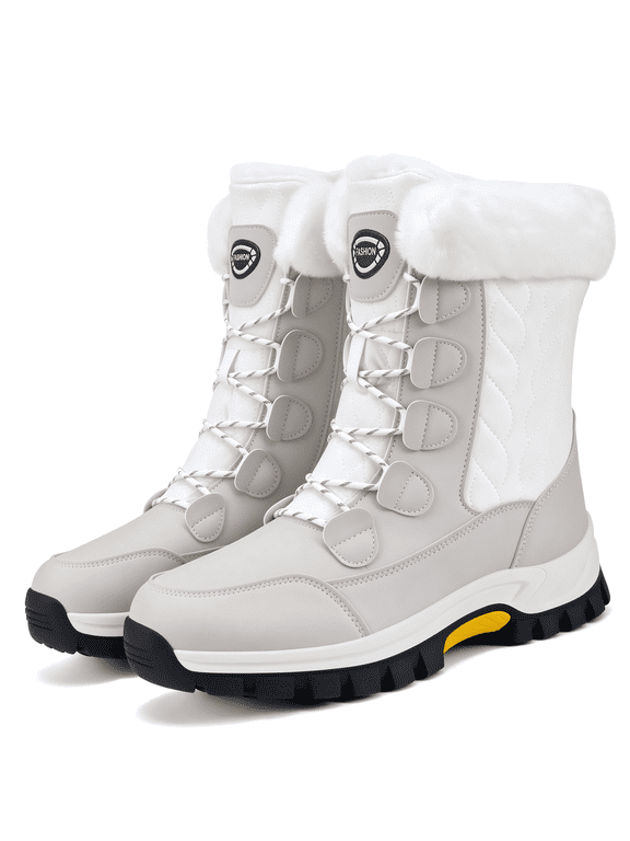 Women's Warm Faux Fur Lined Windproof Mid-Calf Winter Snow Boots, White Size 6.5