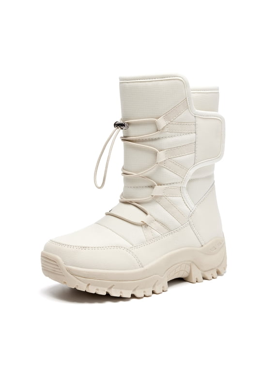 Womens Snow Boots Winter Waterproof Warm Faux Fur Lined Mid Calf Booties, White
