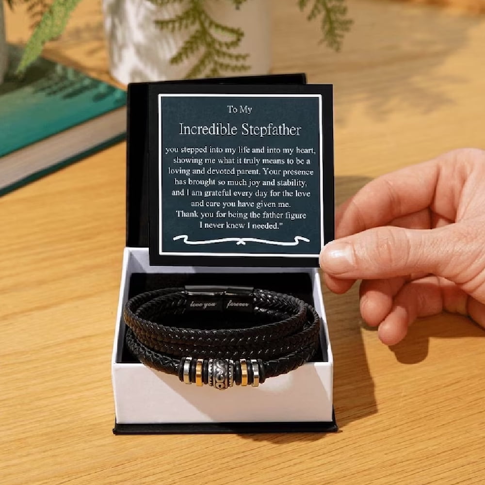 Stepfather Gift, Men's Braided Vegan Leather Bracelet With Message Card