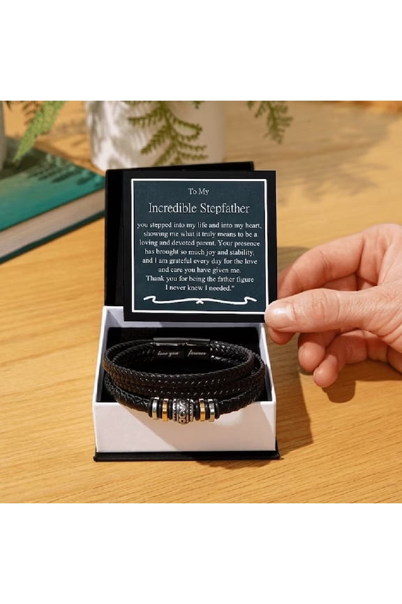 Stepfather Gift, Men's Braided Vegan Leather Bracelet With Message Card