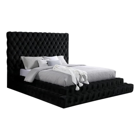 Steph Queen Bed-Black Button Tufted Flannelette Upholstery-XL Headboard